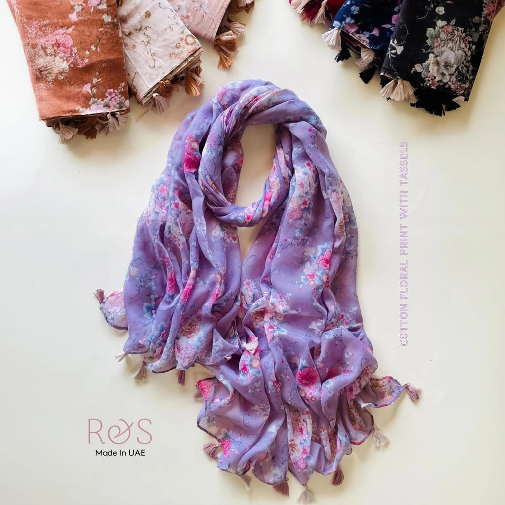 Cotton Floral Print Hijab with Tassels